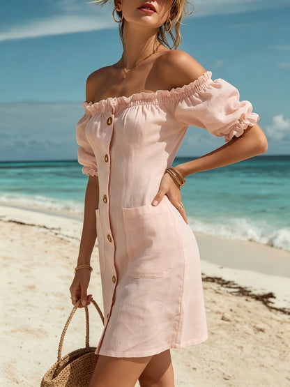 Women's Linen Off-Shoulder Ruffle Hem Mini Dress for Spring