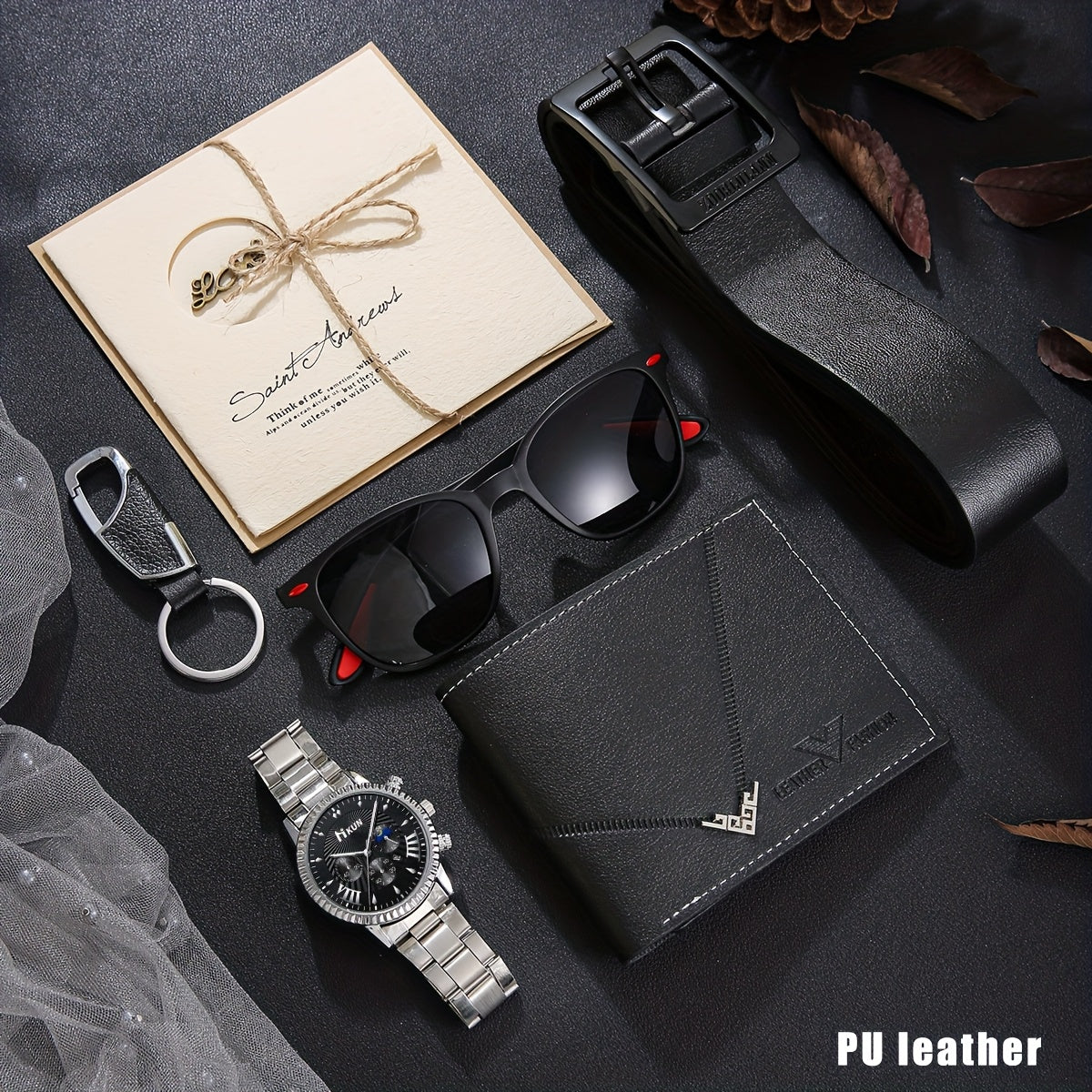 Men's Watch Six-piece Set, Alloy Wristwatch with Belt, Wallet, Glasses, Keychain and Greeting Card, Unique Temperament Makes You More Popular