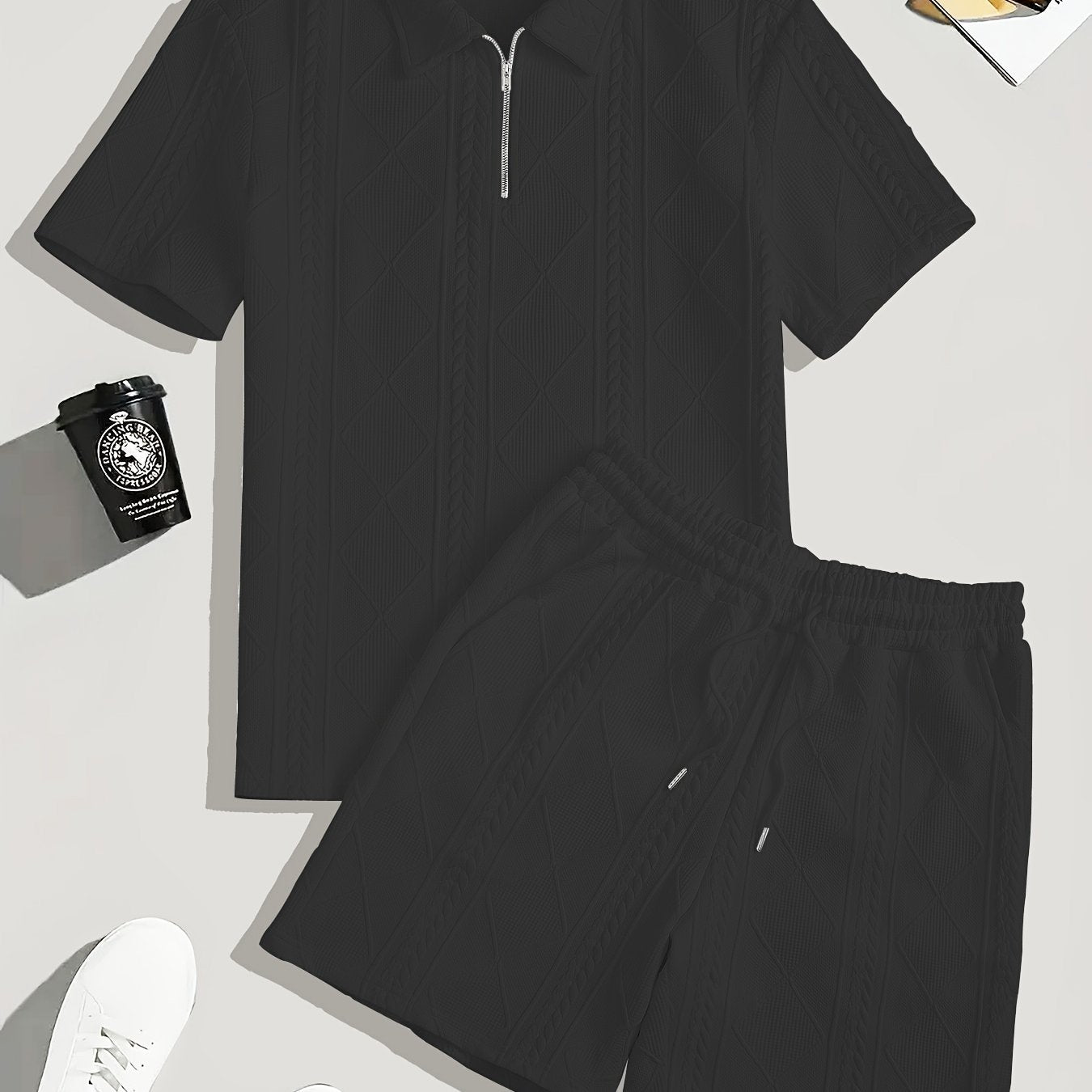 Men's Suit Short Sleeve Shorts Jacquard Casual Zipper Fashion Summer Outerwear Two Piece Set