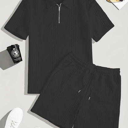 Men's Suit Short Sleeve Shorts Jacquard Casual Zipper Fashion Summer Outerwear Two Piece Set