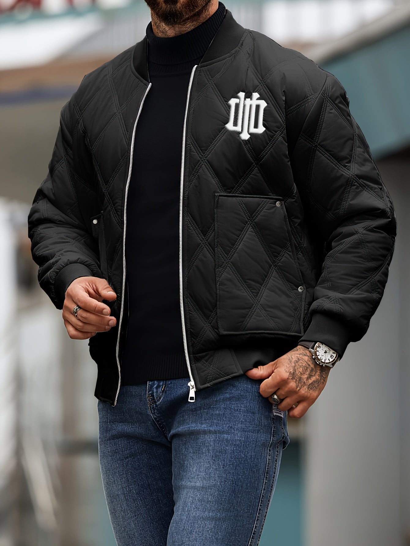 Men's Heavy-Duty Winter Jacket with Thick & Windproof, White Coat with Black Logo & Lettering, Large Zippered Pocket, Machine Washable - Casual Outerwear for Skiing, Travel, Streetwear (Regular Fit), Winter Jacket For Men, Me