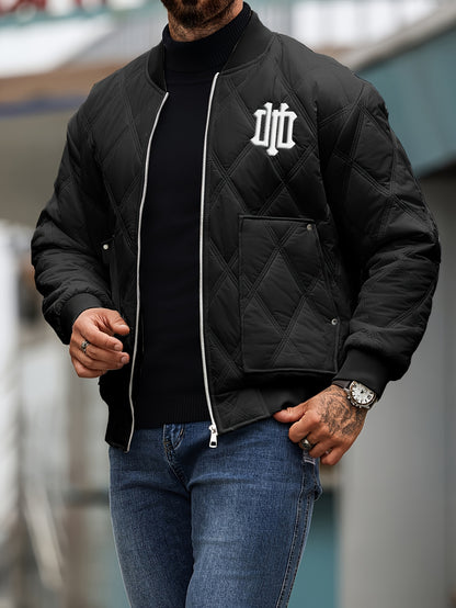 Men's Heavy-Duty Winter Jacket with Thick & Windproof, White Coat with Black Logo & Lettering, Large Zippered Pocket, Machine Washable - Casual Outerwear for Skiing, Travel, Streetwear (Regular Fit), Winter Jacket For Men, Me