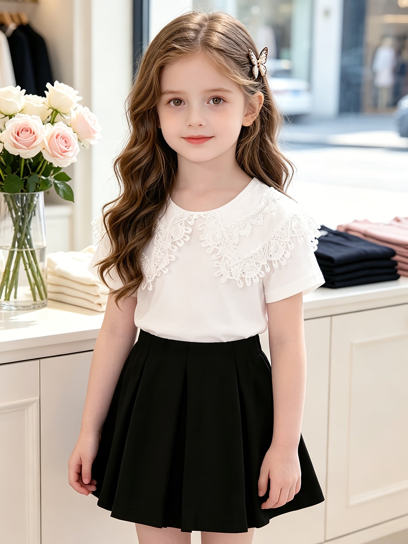Girls' Summer Skirt Set with Lace Top & Pleated Skirt