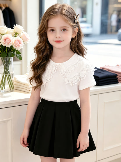Girls' Summer Skirt Set with Lace Top & Pleated Skirt
