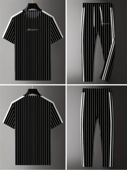 Summer Men's Striped Vertical Stripe 3D Print Casual Sports Short Sleeve Suit Fitness Sportswear Shorts T-shirt Men's Set Outdoor Sports Drawstring Pocket Hoodie Two-piece Set