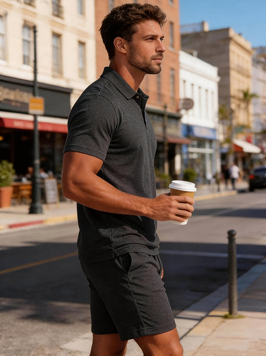 Men’s Summer Casual Golf Shirt and Solid Waist Shorts Set