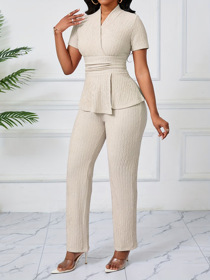 Women's Elegant Casual Solid Color Textured Pants Set