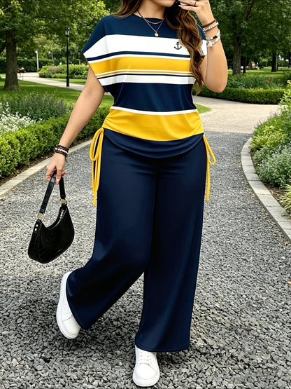 Women's Casual Two-Piece Set with Striped Bow Drawstring