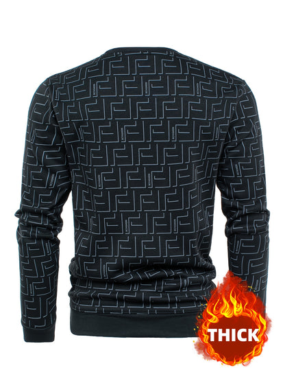 New Autumn And Winter Men'S Long-Sleeve Fleece Sweatshirt, Featuring a Geometric Pattern Design, Warm And Soft Stylish Round-Neck Sweatshirt, a Perfect Gift for Men to Keep Warm