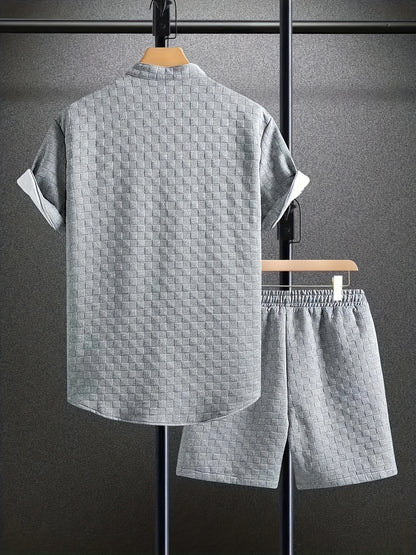 Men'S Casual Short Sleeve Button-Up Shirt & Shorts Set - Solid Black, Breathable Polyester Blend, Regular Fit for Summer, Everyday Comfort, Casual Summer Wear | Buttonup Shirt | Polyester Blend