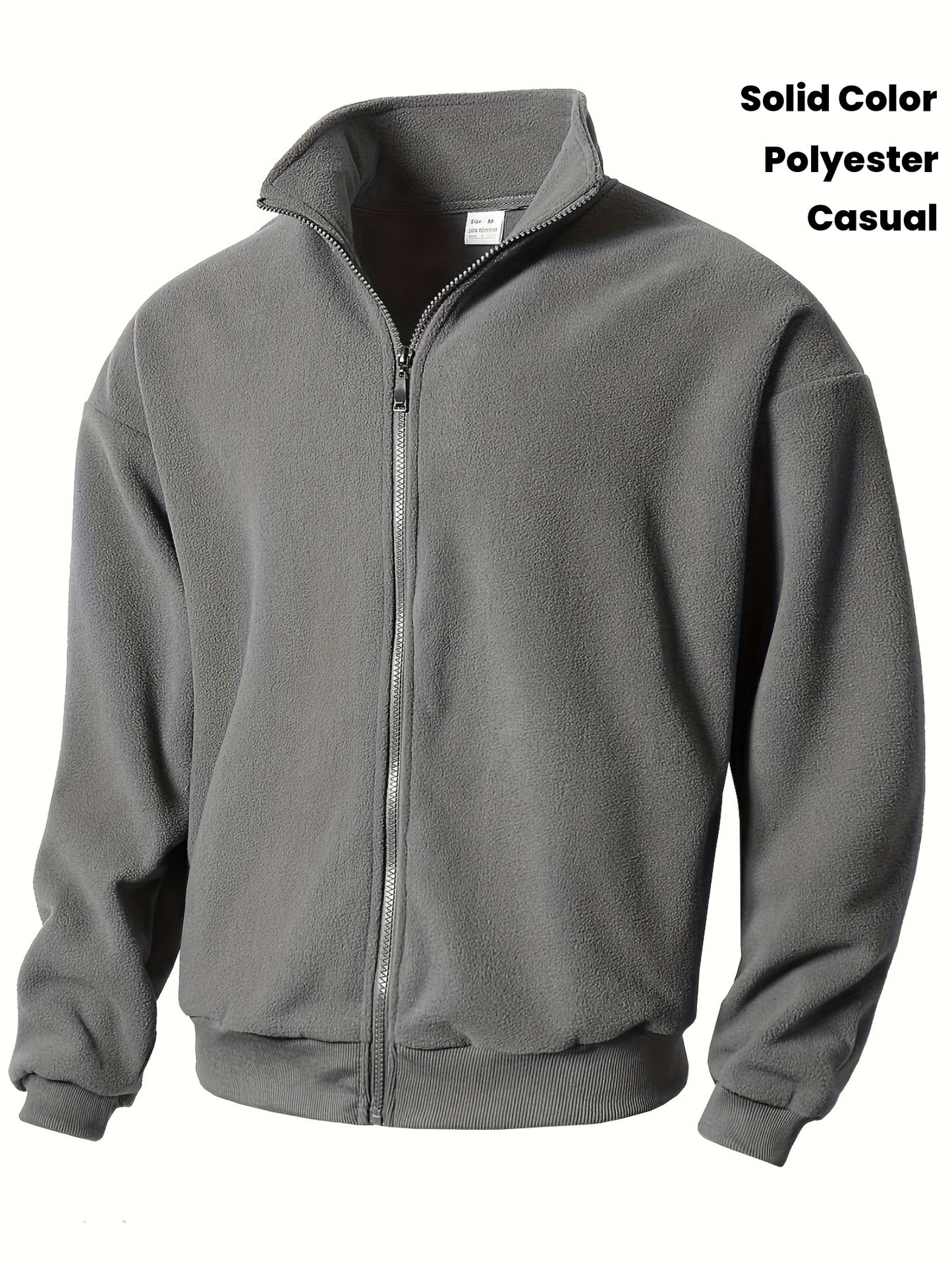 1pc Men'S Casual Sports Fleece Jacket - Solid Color Polyester Knit with Slight Stretch, Stand Collar, Long Sleeve, Regular Fit, Zipper Closure, Daily & Casual Wear