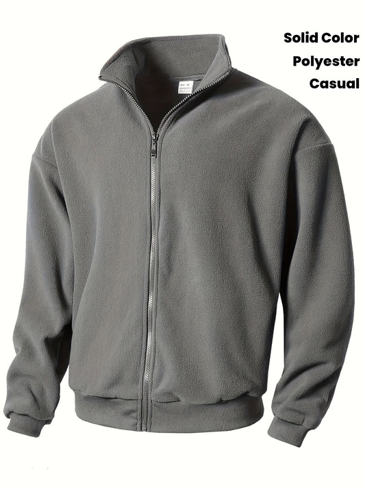 1pc Men'S Casual Sports Fleece Jacket - Solid Color Polyester Knit with Slight Stretch, Stand Collar, Long Sleeve, Regular Fit, Zipper Closure, Daily & Casual Wear