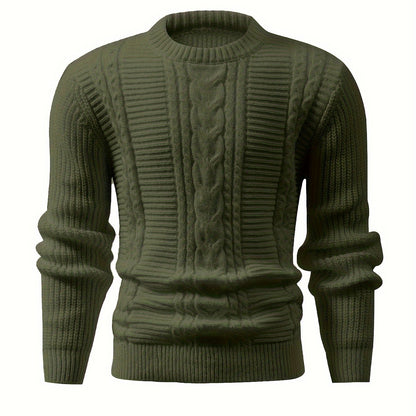 Men's Solid Color Ribbed Knit Sweater - High Elasticity Round Neck Long Sleeve, All-Season Comfort, Regular Fit Casual & Formal Wear, Easy Care Hand Wash/Dry Clean, Comfortable Fashion, Textured Fashion, Highelasticity Fabric