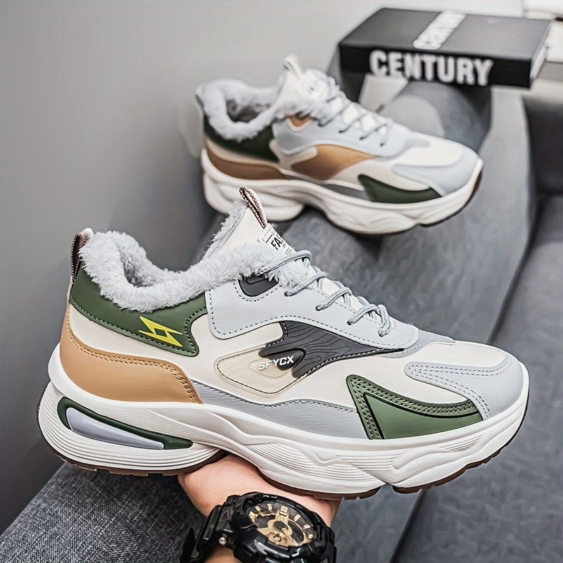 Men's Winter Sneakers with Plush Collar - Beige/Grey/Green PU Upper, Thick Rubber Sole & Traction Tread - Low-Top Lace-Up Warm Shoes for Cold Weather, Casual & Sports (White Accent)