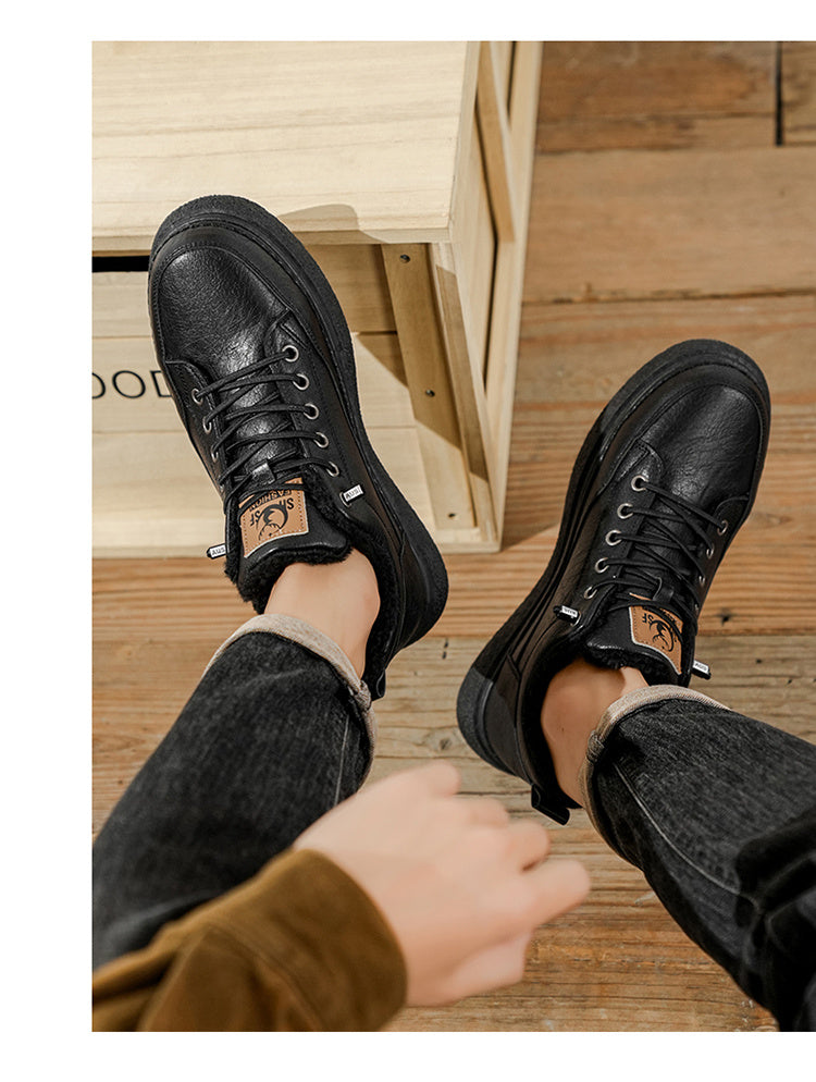 Men's Winter Warm PU -Like Hiking Sneakers with Plush -Like, EVA Cushioned Sole & Rubber Traction Tread - Low-Top Lace-Up Outdoor Shoes for Ice, Snow, Casual Wear (Black/Brown) - Cold Weather