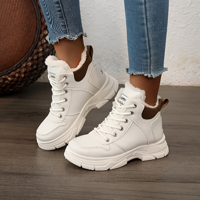 Women's Insulated Winter Boots with Plush Collar & Thick Sole - White Faux Cover Round-Toe Lace-Up Ankle Boots, Cushioned Insole & Arch Support, Warm TPU Outsole for Cold Weather, Casual to Semi-Formal Outfits