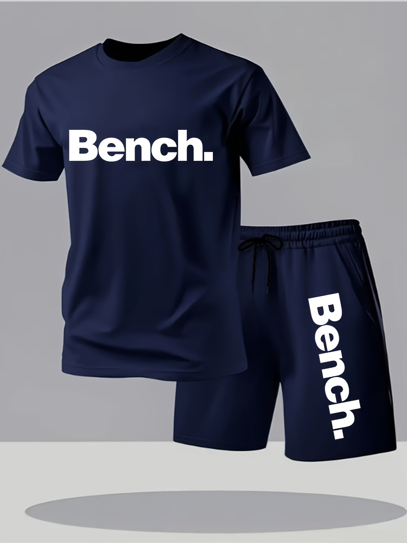 Summer Men'S Casual Sports Short Sleeve T-Shirt and Shorts Set, Comfortable Breathable, Suitable for Outdoor Jogging Running Fitness, Bench. Letter Print Design - 2pcs