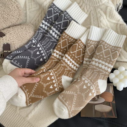 5 Pairs Women's Warm Winter Socks with Ethnic Diamond Pattern