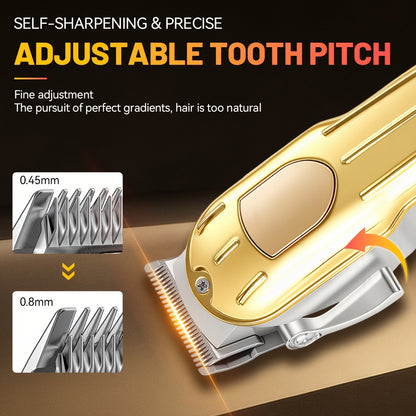 One Piece of a Golden Electric Hair Clipper for Men, Featuring a Professional-Grade Design with an Adjustable Serrated Blade, Four Comb Attachments of Varying Sizes, USB Charging Capability - ayq