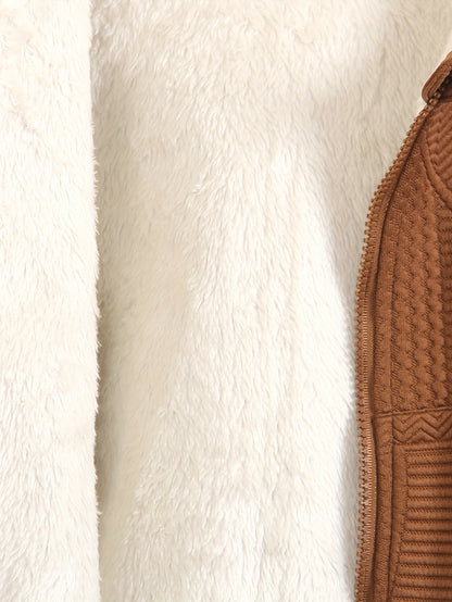 Cozy Fleece Zip-Up Hoodie & Pants Set - Beige Geometric Pattern, Long Sleeve Casual Winter Outfit with Pockets, Elastic Waistband, and Button-Up Front, Perfect for Fall/Winter, Cozy Clothing | Playful Design | Elastic Waistba