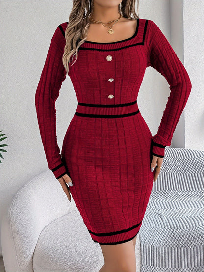 Autumn And Winter Casual Vacation Square Neck Button Decorative Bodycon Dress