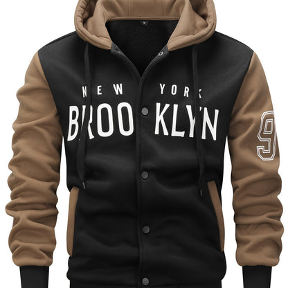Men's 'BROOKLYN' Pattern Color Blocking Hooded Jacket, Casual Preppy Style Coat For Spring And Autumn Outdoors As Gift