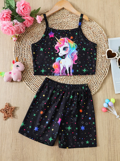 Kids Unicorn Print Tank Top & Star Pattern Shorts Pajama Set