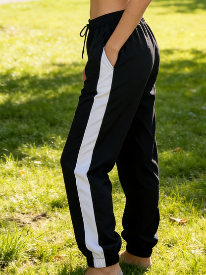 Women's Color-Block Striped High-Waisted Drawstring Joggers