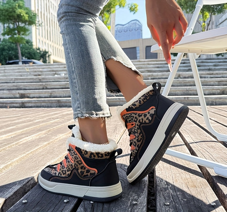 Women'S Stylish Leopard Print Winter Sneakers - Warm Fleece-Lined Casual Shoes with Thick PVC Sole, Black & Orange Design, Perfect for Fall/Winter Outdoor Activities, Winter Sneakers | Leopard Print Shoes | Durable PVC Sole