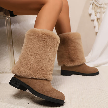 Women's Fashion Solid Color Mid-Calf Fluffy Boots with Slip-On Closure, Plain Toe Platform Heel, Comfy & Warm Fabric-Lined Winter Footwear - TPR Sole, Mid Heel, European Special from Huizhou