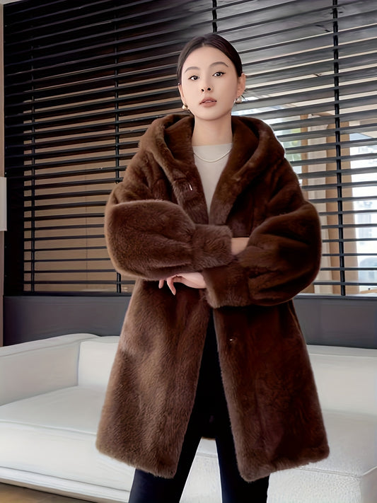 Women's Oversized Faux Fur Coat with Plush Collar & Full-Length Fur Trim - Winter Warm A-Line Mid-Length Jacket, Machine Washable Large Size Winter Coat for Women, Elegant Outerwear for Casual & Formal Events (Solid Black, Br