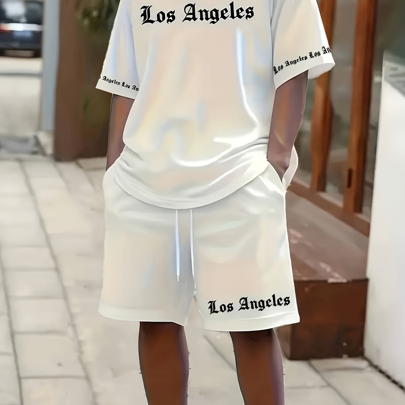 Los Angeles English Pattern Men's Short Sleeve Shirt + Casual Sport Set, Breathable Soft Summer Outfit with Pocketed Shirt and Drawstring Shorts