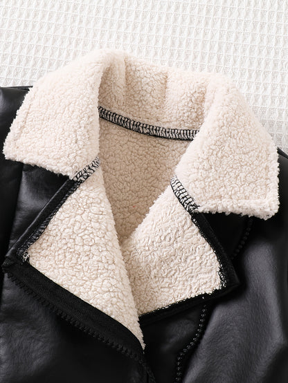 Baby Girl PU Leather Zipper Jacket with Lapel Collar