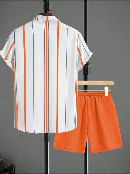 Men's Casual Summer Set - Striped Short-Sleeve Shirt & Shorts
