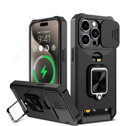 Retro PVC Phone Case with Sliding Camera Slot and Ring Stand