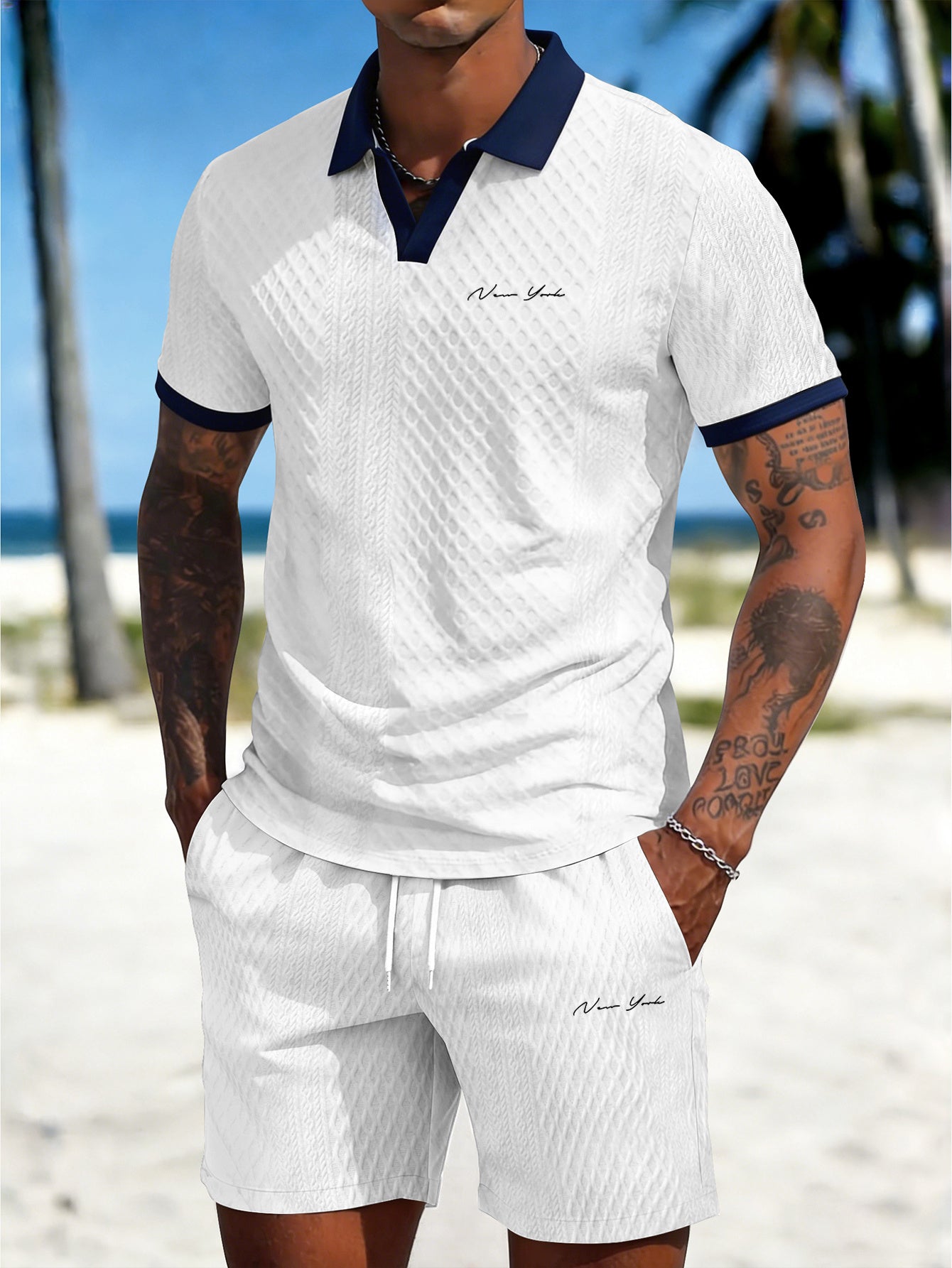 Men's Casual Summer Knitted Polo Set with Geometric Pattern
