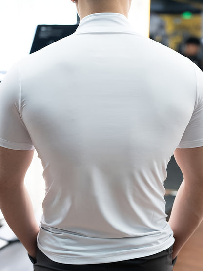 Men's Summer Quick-Dry High Neck T-Shirt - Moisture-Wicking Stretch Fabric, Slim Fit Athletic Top for Gym, Running  Training - Solid Color Breathable Workout Shirt, Gym Clothes