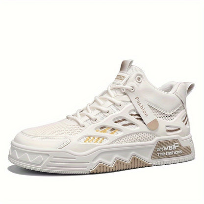 Men's High Top Fashion Sneakers Graphic Print Lace-Up Casual Skateboard Shoes with Round Toe, PU  Mesh Upper, Fabric Lining, and Rubber Sole