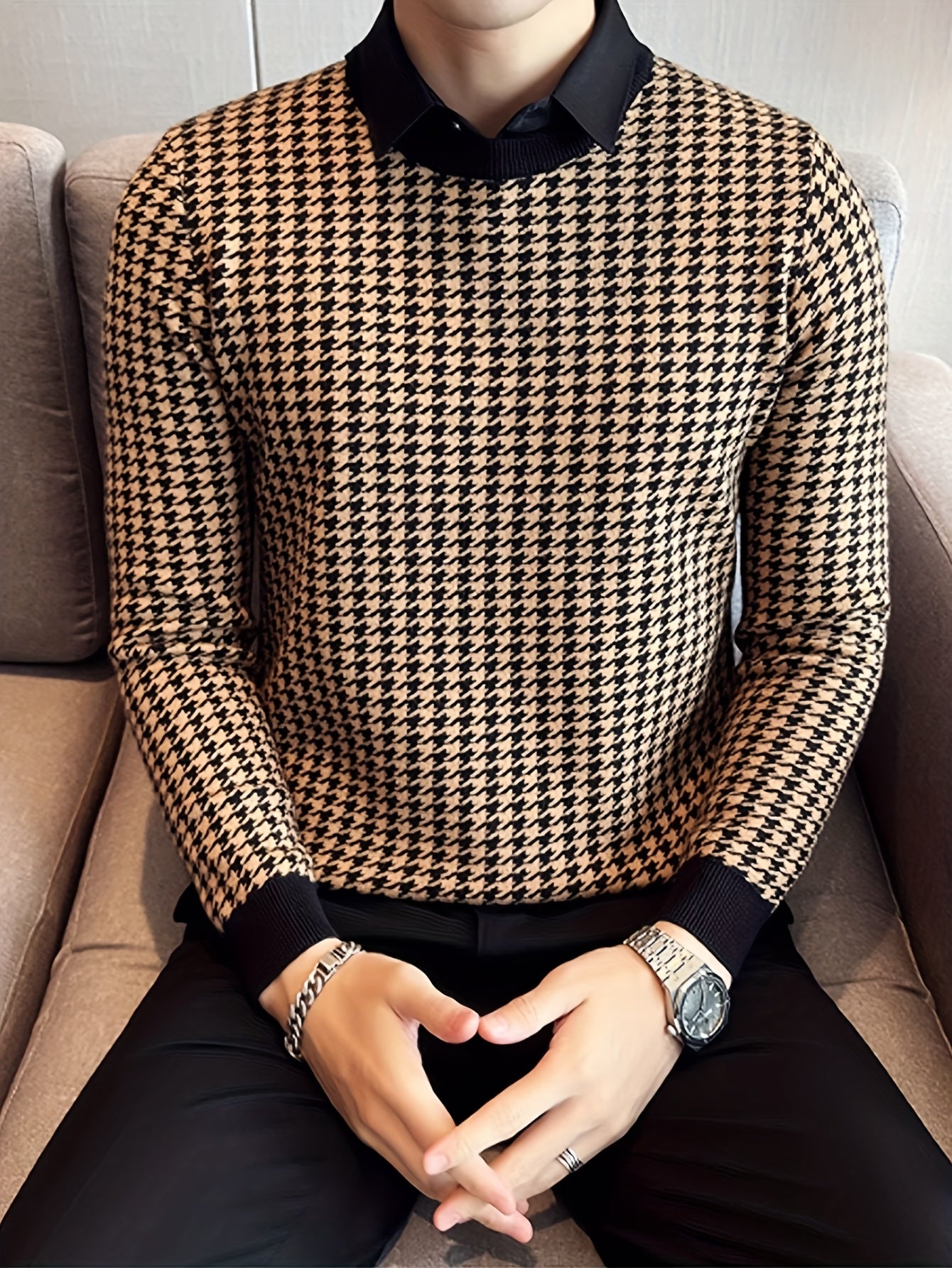 New Men'S Houndstooth Color-Blocked Sweater, Casual Pullover with Round Neck And Long Sleeves, Knit