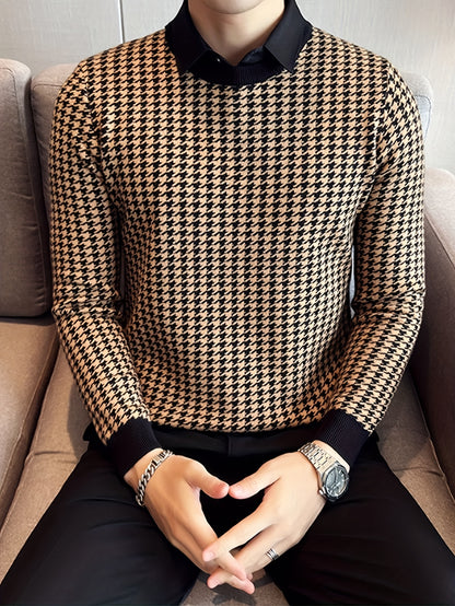New Men'S Houndstooth Color-Blocked Sweater, Casual Pullover with Round Neck And Long Sleeves, Knit