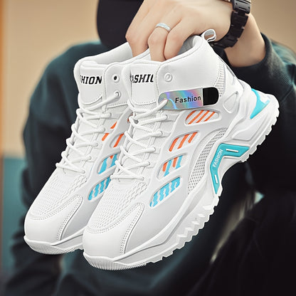 Fashion Mid-Top Sneakers for Men - Casual Street Style Athletic Shoes with Graphic Pattern, Lace-Up Closure, All-Season Round Toe Trainers with PU Upper, Fabric Lining  Insole, Anti-Slip PVC Sole