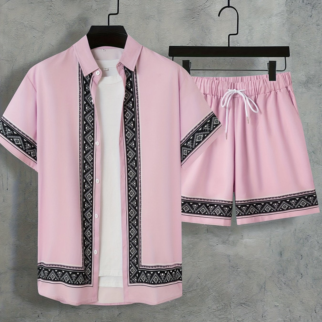Men'S Two-Piece Set Consisting of a Casual Short-Sleeve Button-Up Shirt And Drawstring Pants, Perfect for Summer Wear.