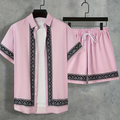 Men'S Two-Piece Set Consisting of a Casual Short-Sleeve Button-Up Shirt And Drawstring Pants, Perfect for Summer Wear.