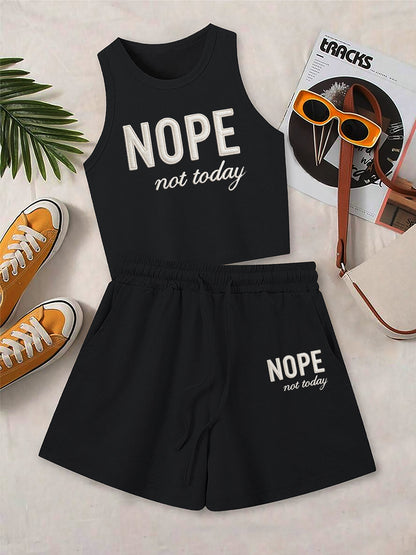 Casual Printed Vest and Shorts Set with Drawstring Pockets