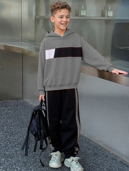 2pcs Boys' Winter Hooded Sweatsuit & Pants - Warm Sweater Outfit with Matching Long Pants, Colorblock Hoodie (Suitable for & Big Kids) - Machine Washable 2pcs set, Perfect for Outdoor