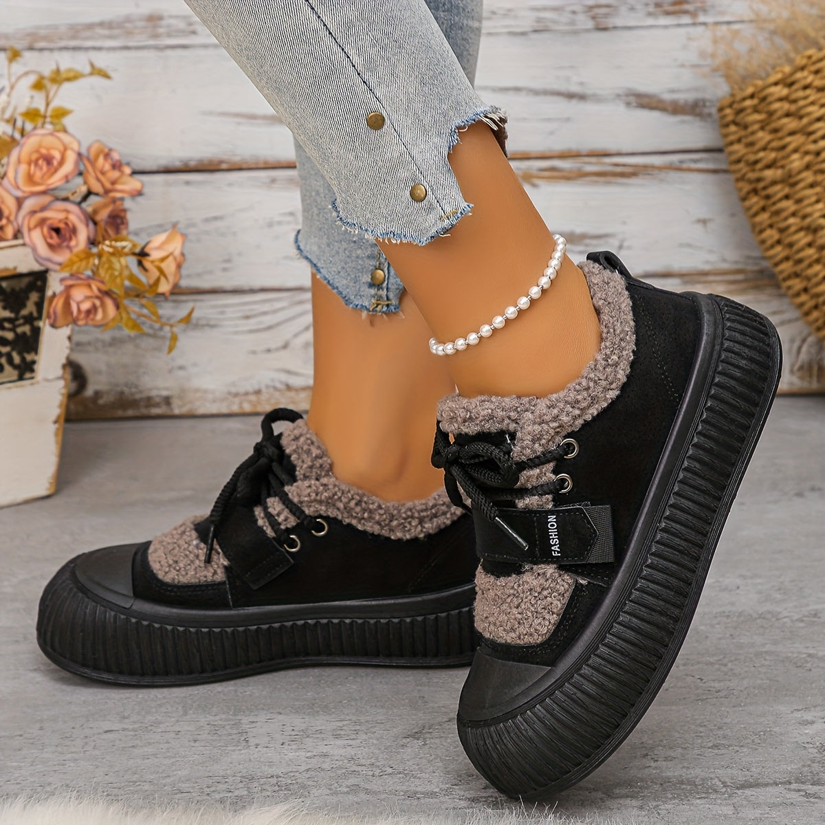 Women's Winter Plush Fleece-Lined Thermal Shoes - Upper & Rubber Sole Low-Top Ankle Boots with Faux Fur Collar, Brown/Beige/ Traction Tread for Cold Weather, Casual & Semi-Formal Outfits - Cozy Warm Winter Boots with Fleece L