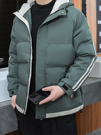 1pc Men's Heavy-Duty Winter Jacket with Hood - -Filled Coat, White & Dark Green, Golden-Zip Closure, Machine Washable, Casual Outdoor Wear (Snow, Windproof) - Regular Fit for, Skiing, Cold