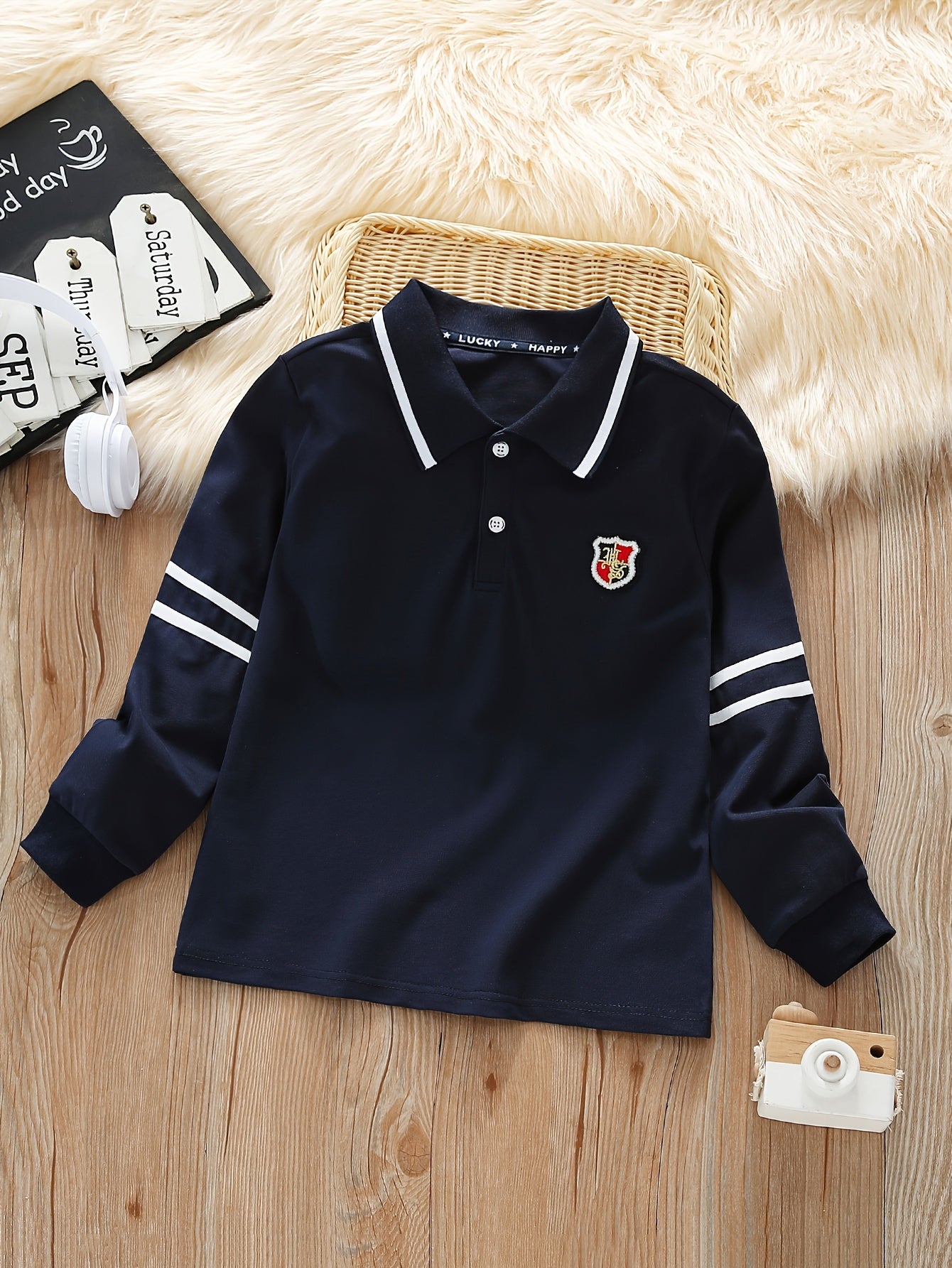 Boys' Long-Sleeve Lapel Cotton T-Shirt for School Uniforms