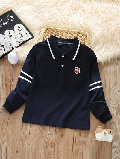 Boys' Long-Sleeve Lapel Cotton T-Shirt for School Uniforms