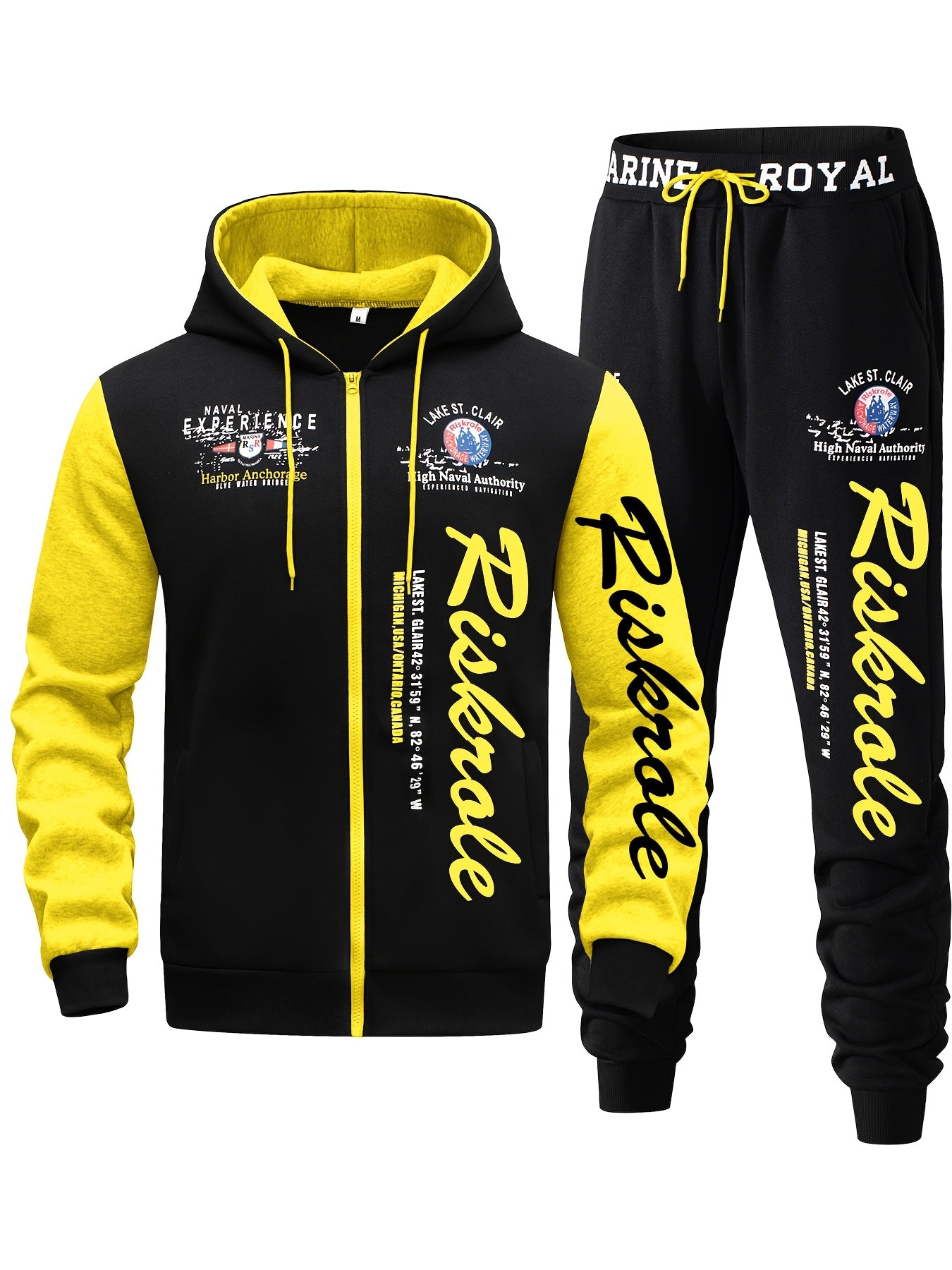 Men's Hooded Letter Print Tracksuit, 2pcs Casual Sports Set, Fashion Hoodie With Full-zip And Elastic-waist Pants, Regular Fit, Outdoor Cloth